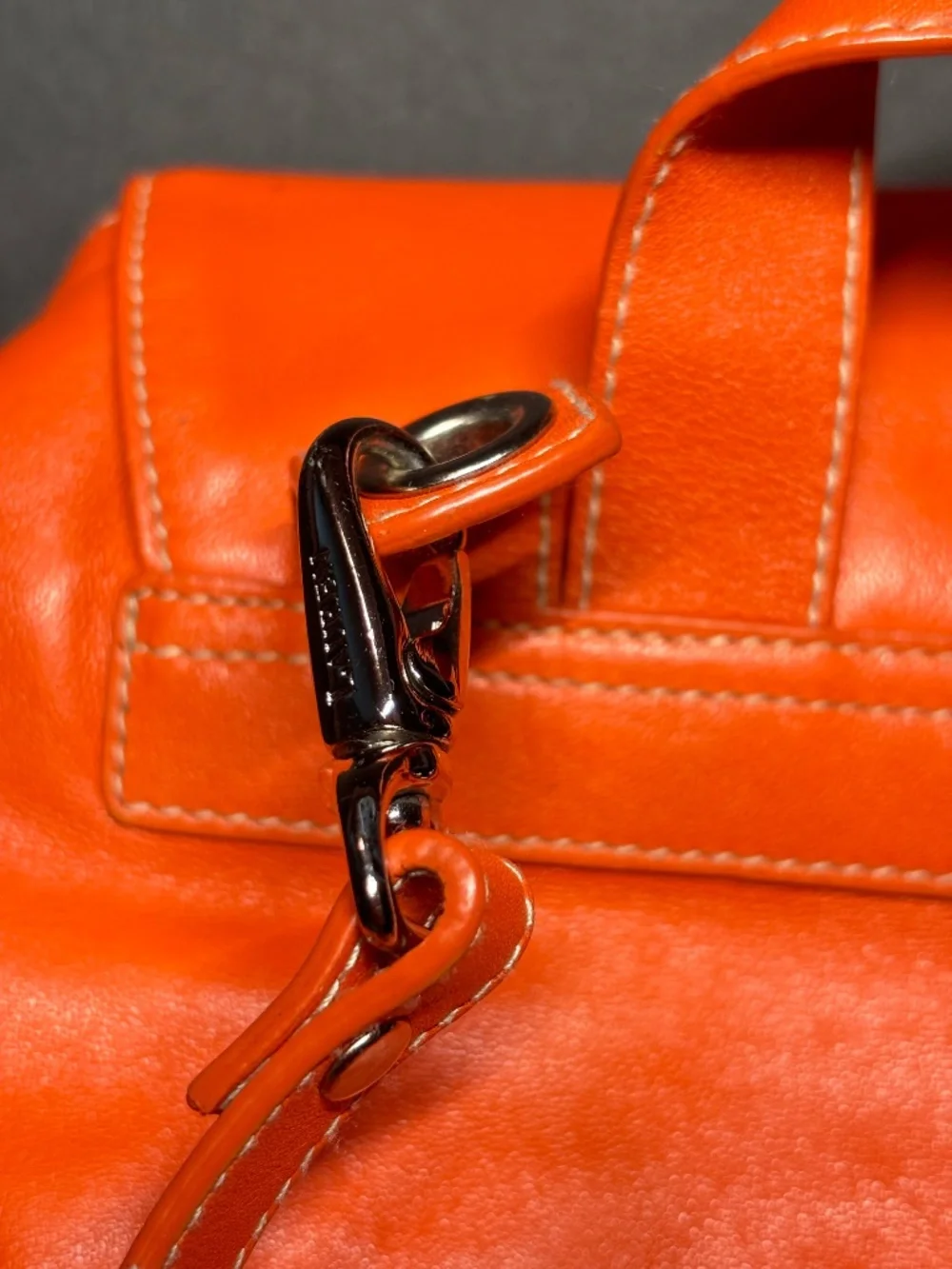 Lauren Ralph Lauren Orange Leather Drawstring Backpack Bag RL Logo
